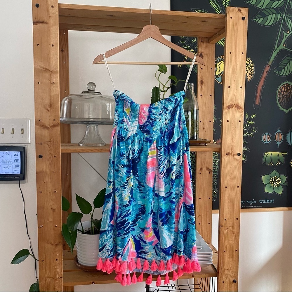 Lilly Pulitzer Sparkling Blue Hey Bay Bay Smocked Tassel Trina Beach Dress Small - Picture 6 of 15
